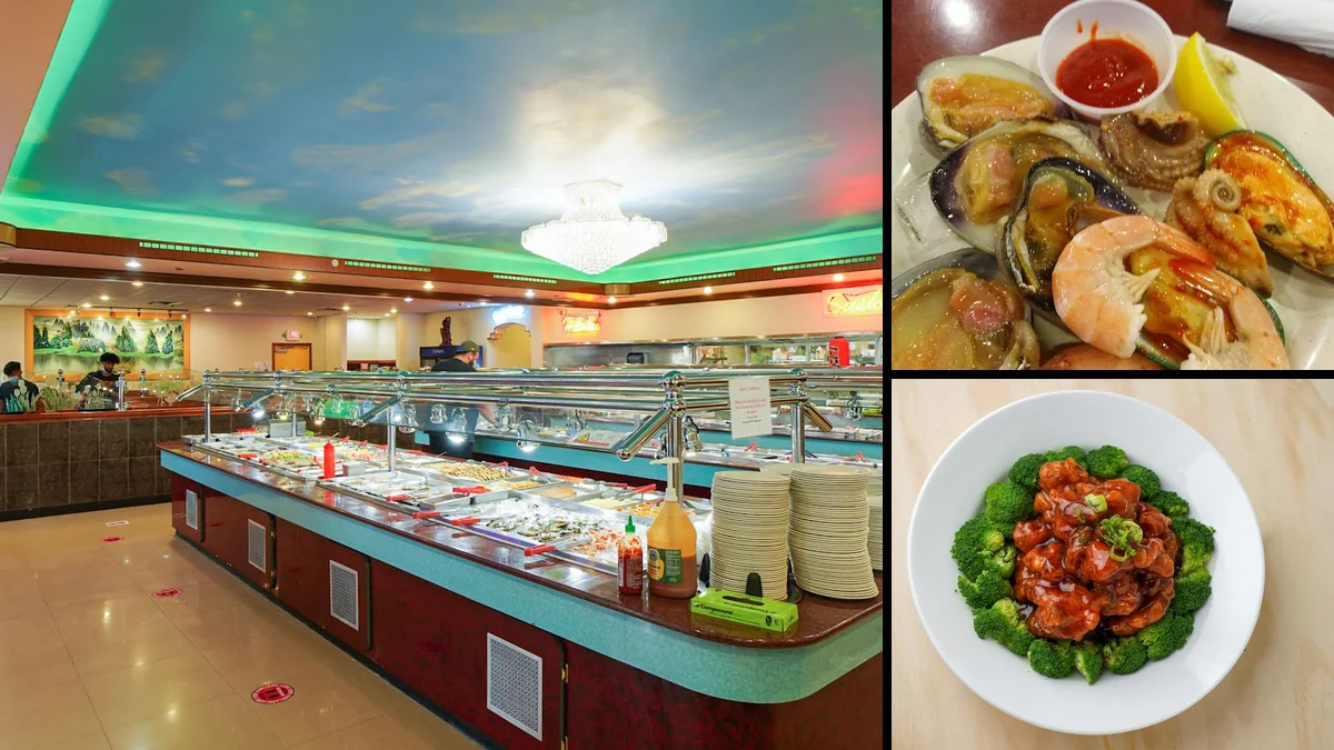 Buffet trays with assorted Asian fusion dishes.