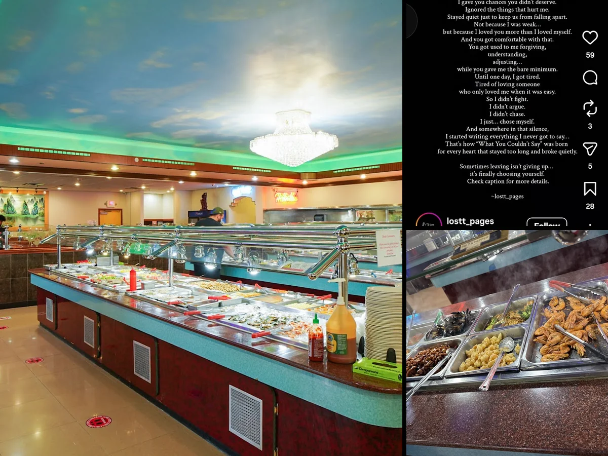Wide dining room with rows of buffet stations.